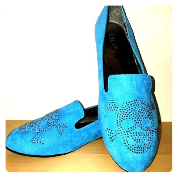 LAST PAIR Blue Silver Studded Skull Flats Sz 9 - Picture 2 of 4